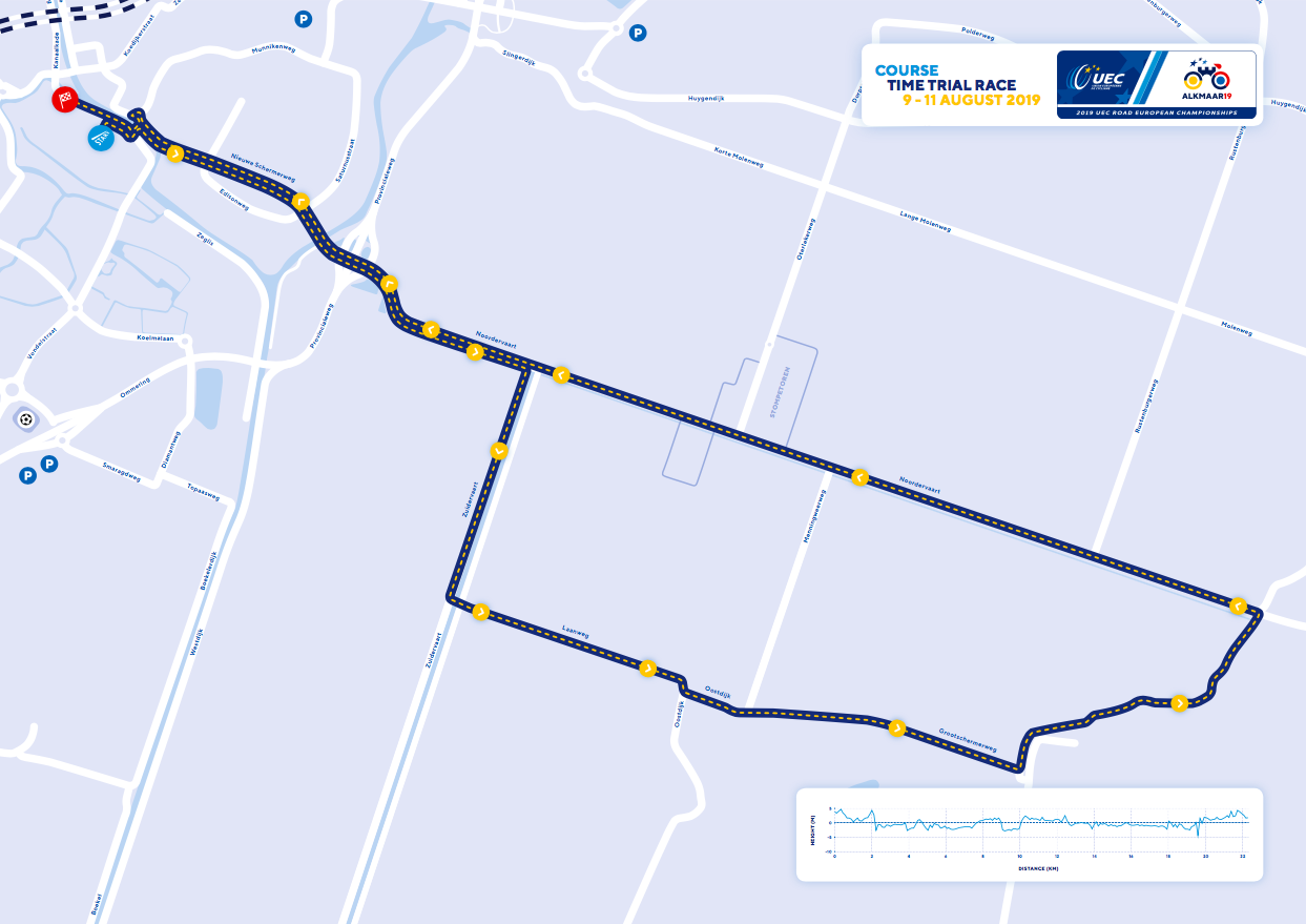 Parcours Tijdrit EK Wielrennen Alkmaar 2019 op kaart